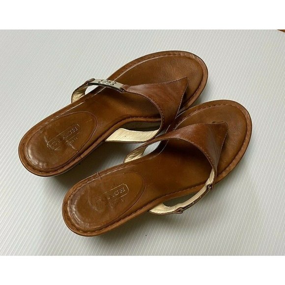 Coach Jan Cork Leather Cork Wedge Sandals Cognac - Picture 9 of 11